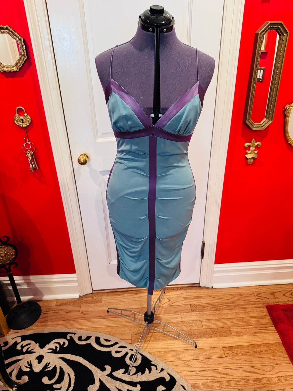 Nicole Miller Teal and Purple Satin Slip Dress
